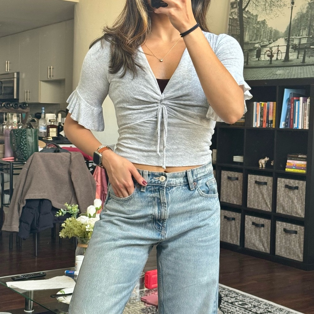 Socialite Gray Short Sleeve Tie-Front Top